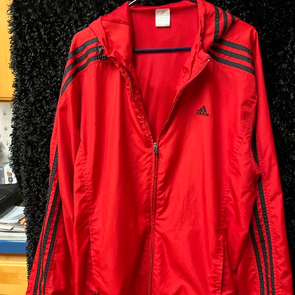 ADIDAS MENS (XL) Basic 3-Stripes Wind Ready Jacket Red w/black stripes like new - Picture 2 of 7